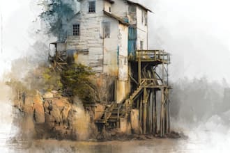 sketch architecture building with watercolor rendering