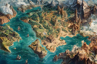 make hand drawn map illustration of cities, fantasy,