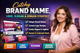 create a catchy brand name, logo design, business name, slogan and domain name