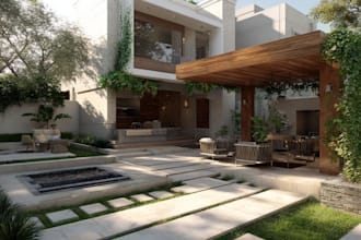 design landscape, terrace, backyard, pool, and patio