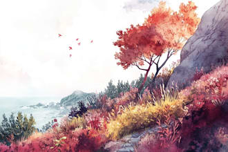 paint a watercolor and gouache landscape illustration