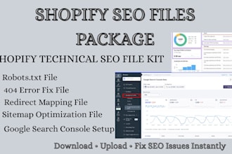 provide shopify SEO toolkit robots txt file sitemap redirect 404 file package