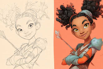sketch, outline and color cartoon illustrations