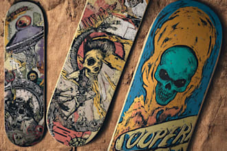 create artwork vintage, skull, alien, for skateboard deck