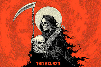draw grim reaper, skull, hard rock , punk rock illustration