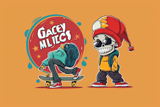 design mascot, skull, skate and cartoon character logo