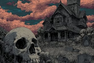 draw dark art, horror, halloween, haunted house or skull illustration