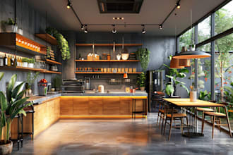 do realistic render of kitchen, restaurant, bar, café