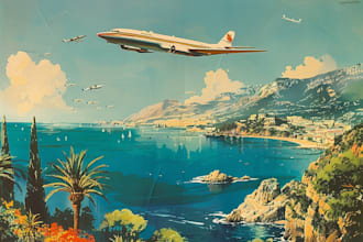 make vintage, retro, art deco, realistic travel poster or landscape illustration
