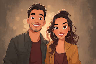 illustrate a romantic couple cartoon portrait