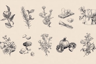 illustrate unique fruits, vegetables, and herbs in botanical