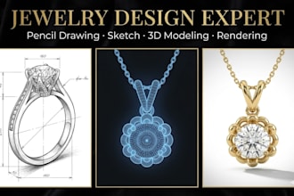 create jewelry pencil drawing, jewelry sketch and 3d jewelry model jewelry cad