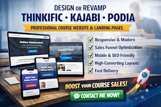design and redesign thinkific kajabi and podia website landing page