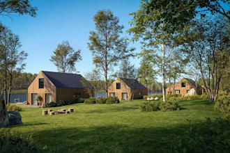 awake old residential building,modern exterior,cabin house space,slope landscape