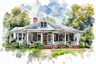draw house illustration watercolor style