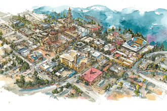 design a watercolor map illustration of your city or venue
