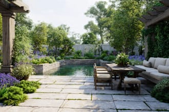 design backyard landscape, pool, patio, garden