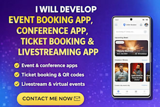 develop event booking app, conference app, ticket booking app, livestreaming app