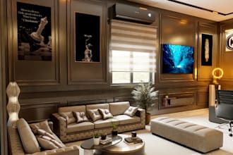 revamp 3d home office interior, spanish decor, wood paneling, furniture render