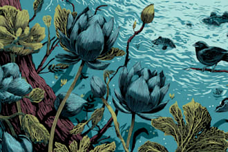 illustrate botanical and animal linocut illustration