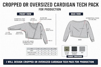 design cropped or oversized cardigan tech pack for production