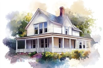 handmade watercolor painting of house, building