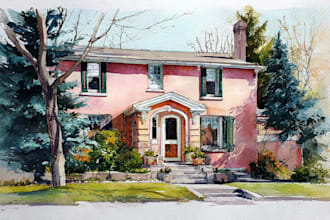 create a custom pen and watercolor house or building