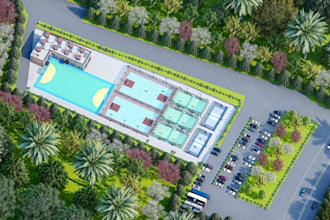 redesign landscape master plan,sport recreation complex,3d rendered aerial view