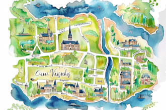 design a watercolor map illustration of your city or venue