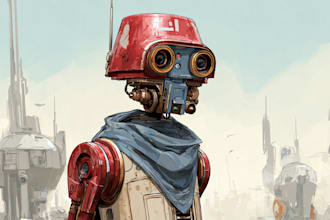 create a detailed futuristic robot character illustration