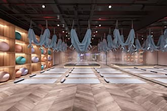 revit 3d model building, fitness center, gym equipment layout,high end rendering