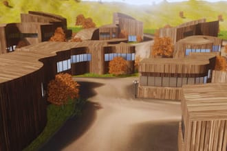 create 3d wooden community, wooden housing, 3d timber village, wooden estate