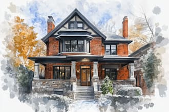 sketch and watercolor of house, building