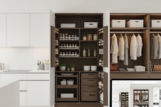 design kitchen cabinets, pantry, wardrobe and closet with realistic 3d rendering