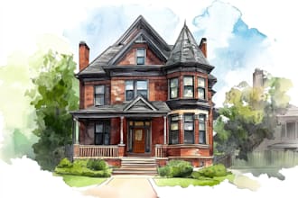 handmade watercolor painting of house