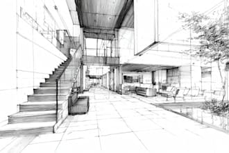 draw architectural sketches of building interior and exterior