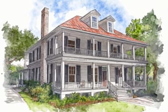 sketch and watercolor of house, building
