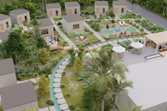 design exterior commercial building, modern resort render, site landscape design