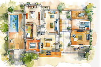 draw building and interior floor plans in watercolor