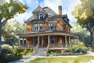 handmade watercolor painting of house