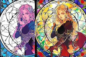 illustrate fantasy characters in digital stained glass style