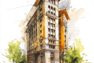 sketch architecture building with watercolor rendering