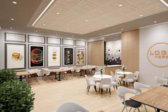modernize 3d outdoor seating,fast food restuarant,modern cafe,burger shop render