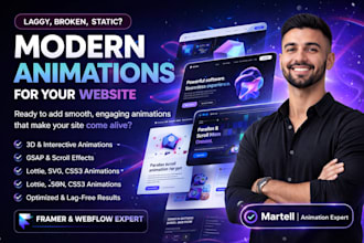 design 3d framer, webflow website animation parallax lottie svg css3 gasp json