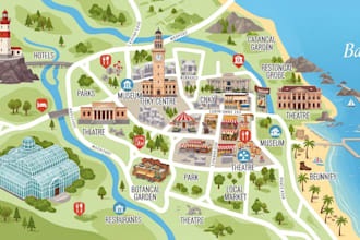 create event, tourist, site plan, rv parking layout and fantasy map illustration
