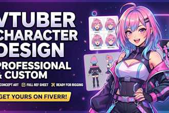 create custom vtuber character design, vtuber background, and reference sheet