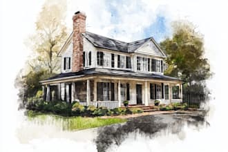 handmade watercolor painting of house