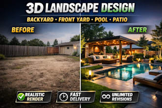 design modern 3d landscape for backyard, front yard, pool, patio, garden design