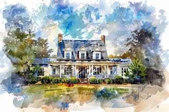 painted watercolor house portrait of your home