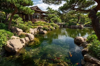 design japanese garden, zen garden, koi pond, rock garden, japanese landscape